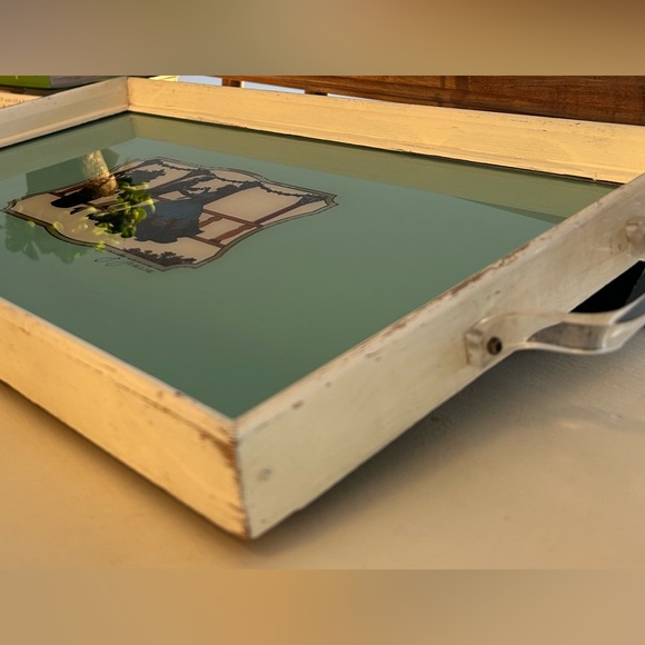 Vintage J. Jensen Foil Art Glass and Wood Tray - Picture 3 of 14